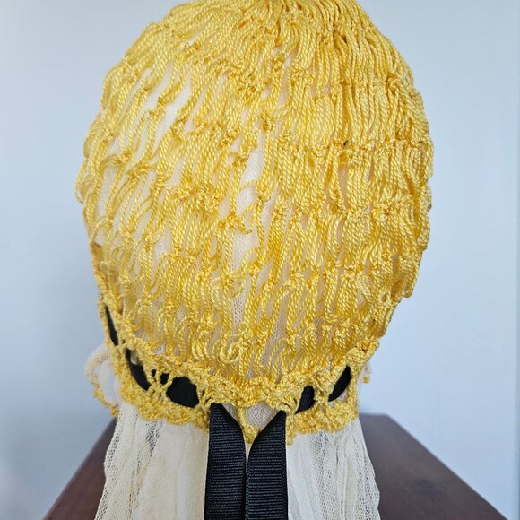 Victorian Yellow Crocheted Sleeping Cap with Black Grosgrain Ribbon main image 9